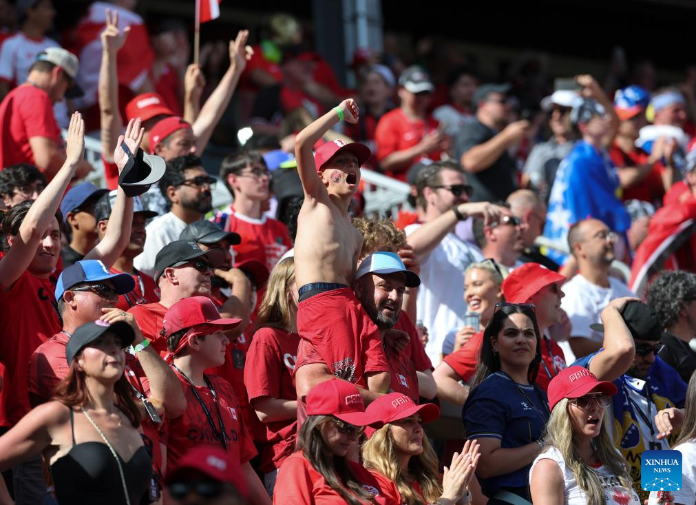 Fans of Canada cheer during the group B match between Canada and Bosnia and Herzegovina at the 2026 FIFA World Cup at Toronto Stadium in Toronto, Canada, June 12, 2026. (Photo by Zou Zheng/Xinhua)