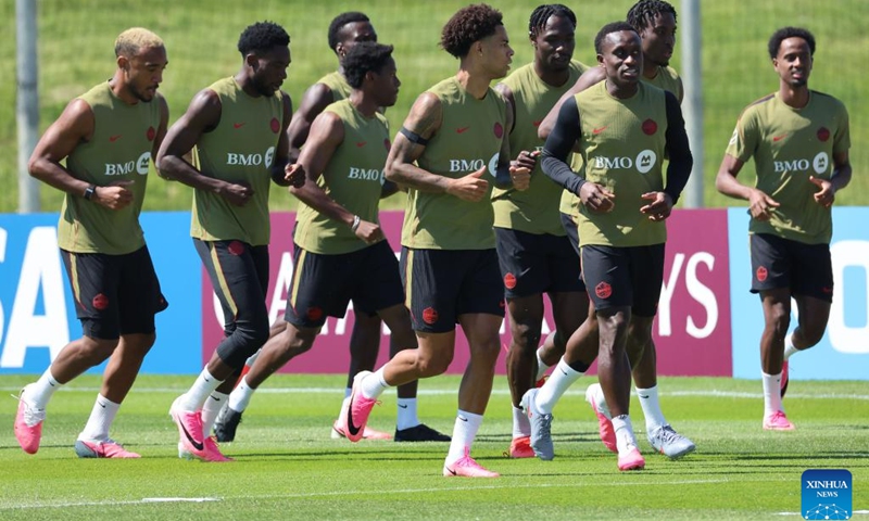 Players of the Canadian men's national football team take part in a training session ahead of the FIFA World Cup in Toronto, Canada, on June 8, 2026. (Photo: Xinhua)