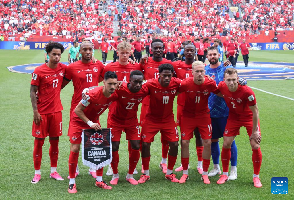 Players of Canada line up before the group B match between Canada and Bosnia and Herzegovina at the 2026 FIFA World Cup at Toronto Stadium in Toronto, Canada, June 12, 2026. (Photo by Zou Zheng/Xinhua)