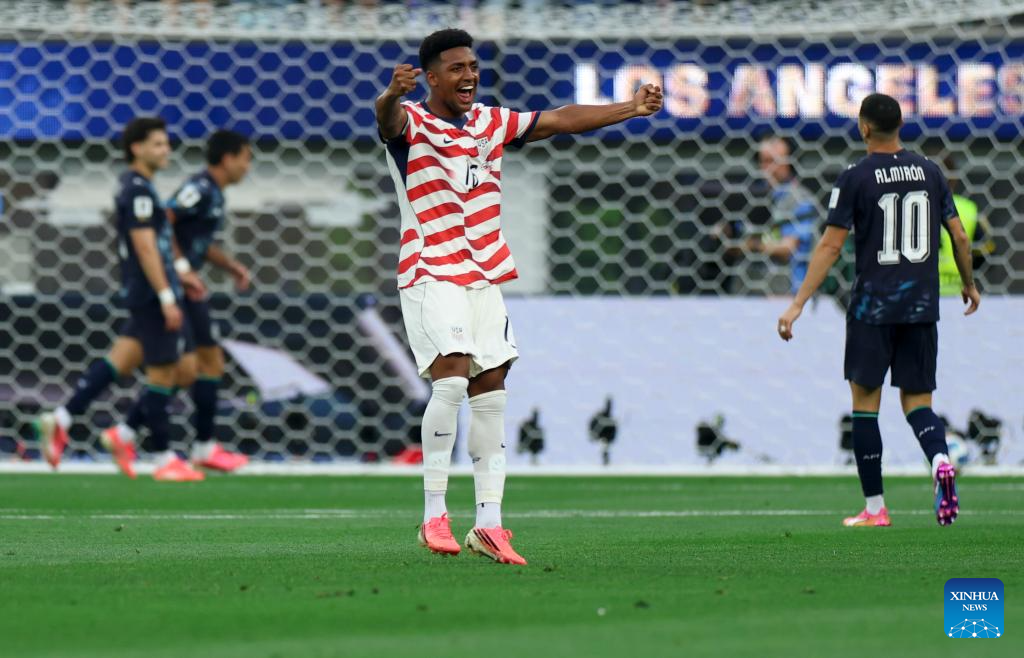 Alex Freeman of the United States celebrates after team scoring during the group D match between the United States and Paraguay at the 2026 FIFA World Cup at Los Angeles Stadium in Los Angeles, the United States, June 12, 2026. (Xinhua/Bai Xuefei)