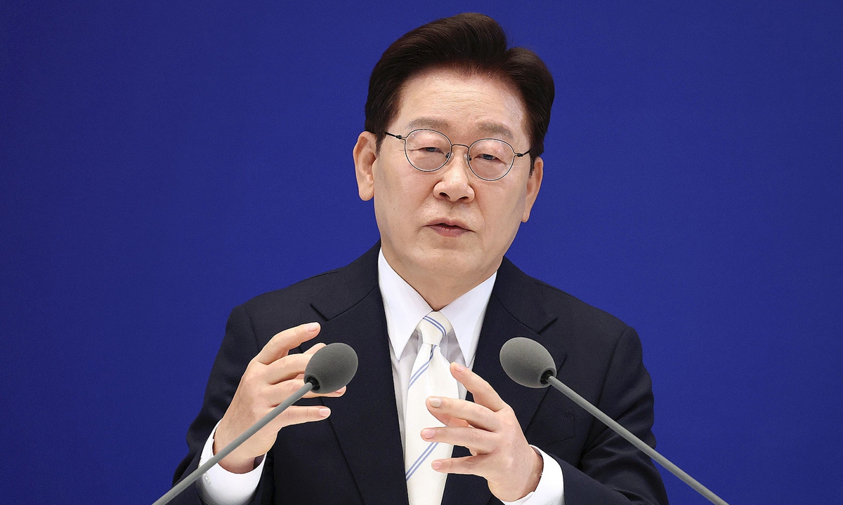 South Korean President Lee Jae Myung speaks during a press conference in Seoul on June 8, 2026, four days after the first anniversary of him taking office.