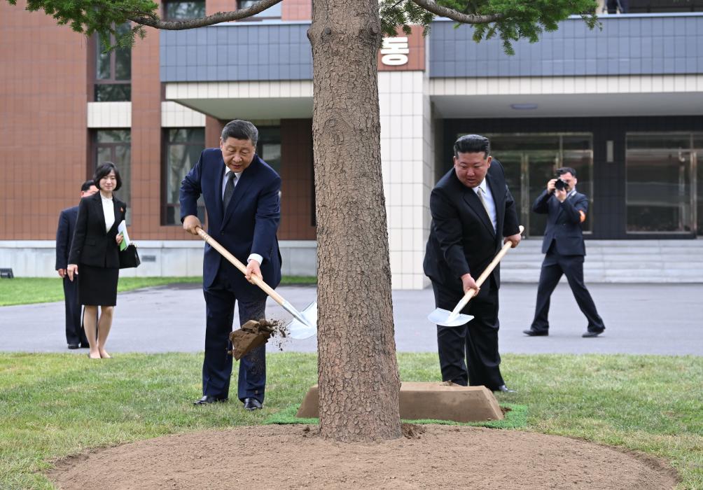 Xi Jinping, general secretary of the Communist Party of China Central Committee and Chinese president, and Kim Jong Un, general secretary of the Workers' Party of Korea (WPK) and president of the State Affairs of the Democratic People's Republic of Korea (DPRK), jointly plant a fir tree in the wooded area between teaching buildings of the Central Cadres Training School of the WPK in Pyongyang, the DPRK, June 9, 2026. On Tuesday morning, Xi, accompanied by Kim, visited the Central Cadres Training School of the WPK in Pyongyang. (Photo: Xinhua)