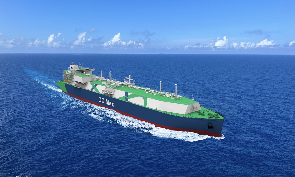 A designed drawing of 271,000-cubic-meter QC-Max ultra-large liquefied natural gas container ship Photo: Courtesy of Hudong-Zhonghua Shipbuilding (Group) Co