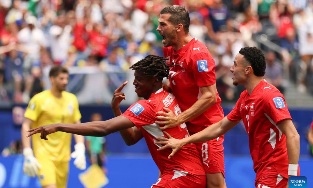 Johan Manzambi (L) of Switzerland celebrates his goal during a group B match between Switzerland and Bosnia and Herzegovina at the 2026 FIFA World Cup at Los Angeles Stadium in Los Angeles, the United States, June 18, 2026. (Xinhua/Bai Xuefei)