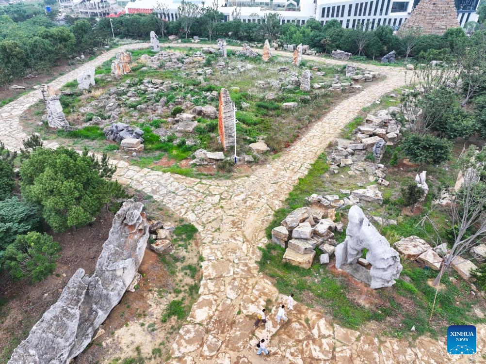 An aerial drone photo taken on June 8, 2026 shows a view of an ornamental stone museum in Xuyi, east China's Jiangsu Province. The museum opened here on Monday, displaying over 230,000 ornamental stones in a 100-hectare complex. (Photo: Xinhua)