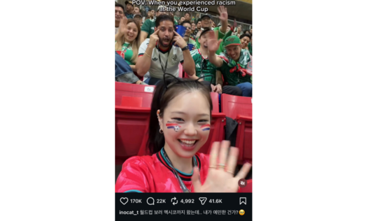 South Korean influencer @inocat_t posts a video on Instagram on June 12, where she was filming herself during a World Cup game when a man seated behind her made a slant-eye gesture to her. Photo: Screenshot from @inocat_t’s Instagram account