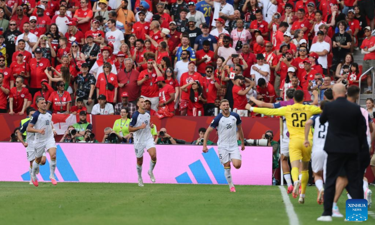 Jovo Lukic (C) of Bosnia and Herzegovina celebrates after scoring during the group B match between Canada and Bosnia and Herzegovina at the 2026 FIFA World Cup at Toronto Stadium in Toronto, Canada, June 12, 2026. (Photo by Zou Zheng/Xinhua)