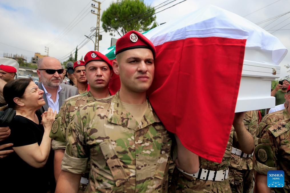People attend the funeral of a Lebanese army officer in Kfar Jarra, Lebanon, on June 8, 2026. Lebanese President Joseph Aoun on Saturday strongly condemned an Israeli attack on a Lebanese Army patrol that killed two officers and one soldier. (Photo: Xinhua)