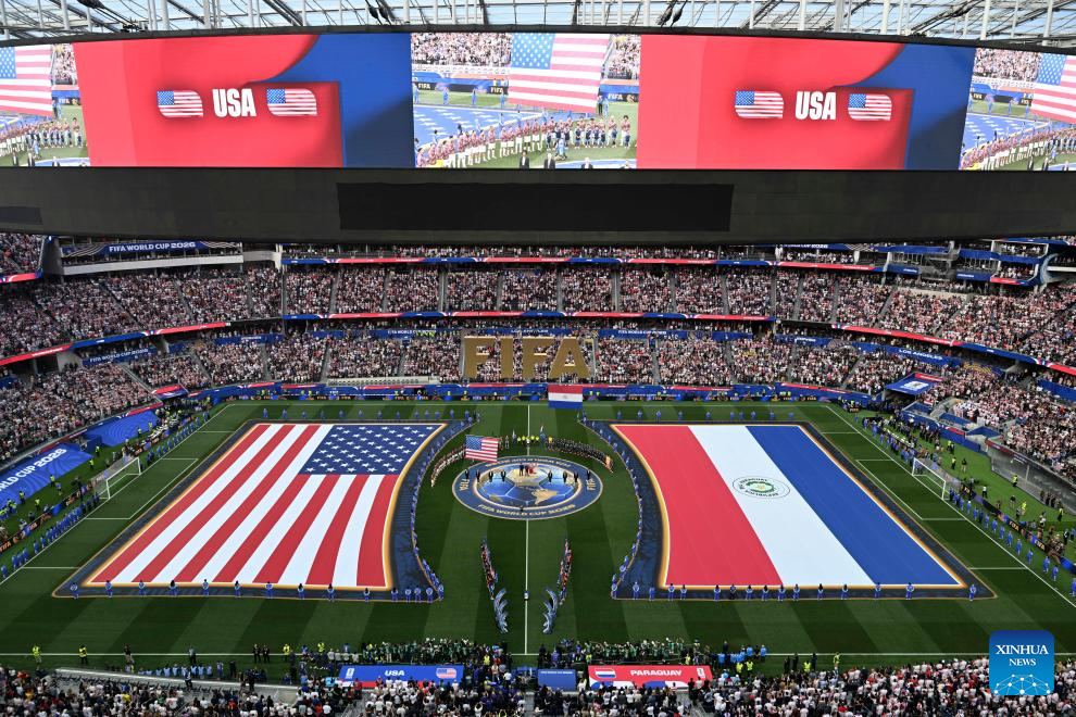 Flags are seen during the group D match between the United States and Paraguay at the 2026 FIFA World Cup at Los Angeles Stadium in Los Angeles, the United States, June 12, 2026. (Xinhua/Peng Ziyang)