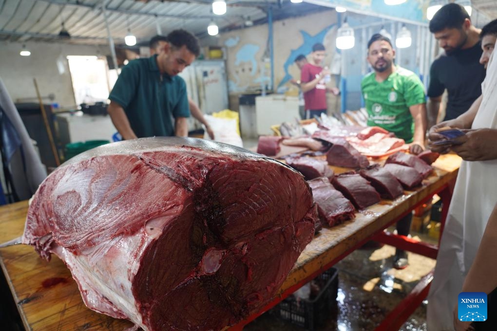 This photo taken on June 1, 2026 shows tuna meat at a fish market in Tripoli, Libya. (Photo: Xinhua)