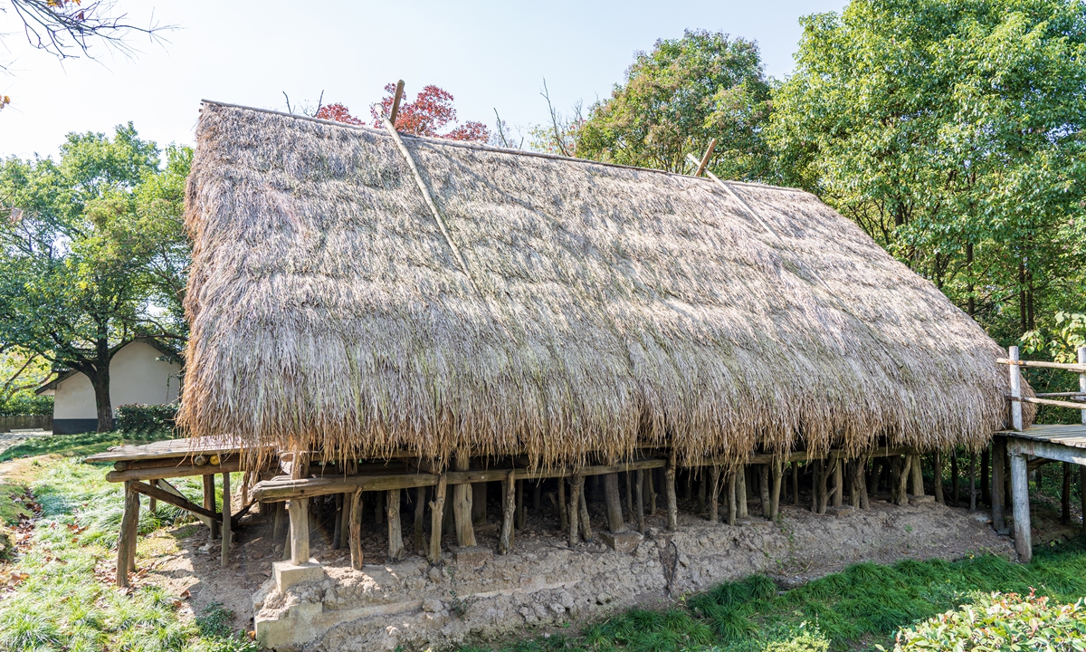 Replica of an ancient building at the Hemudu site in Ningbo, East China's Zhejiang Province Photo: VCG