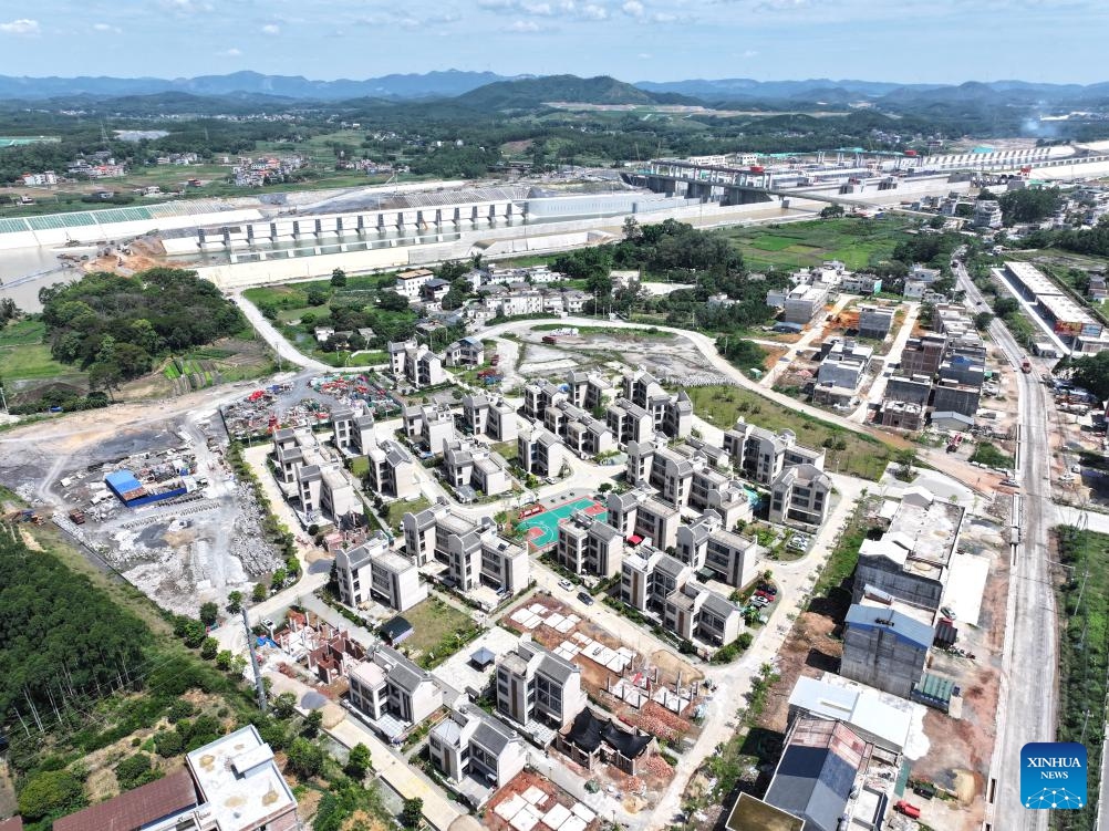 An aerial drone photo taken on June 10, 2026 shows a view of a resettlement community in Luwu Town of Lingshan County, south China's Guangxi Zhuang Autonomous Region. (Photo: Xinhua)