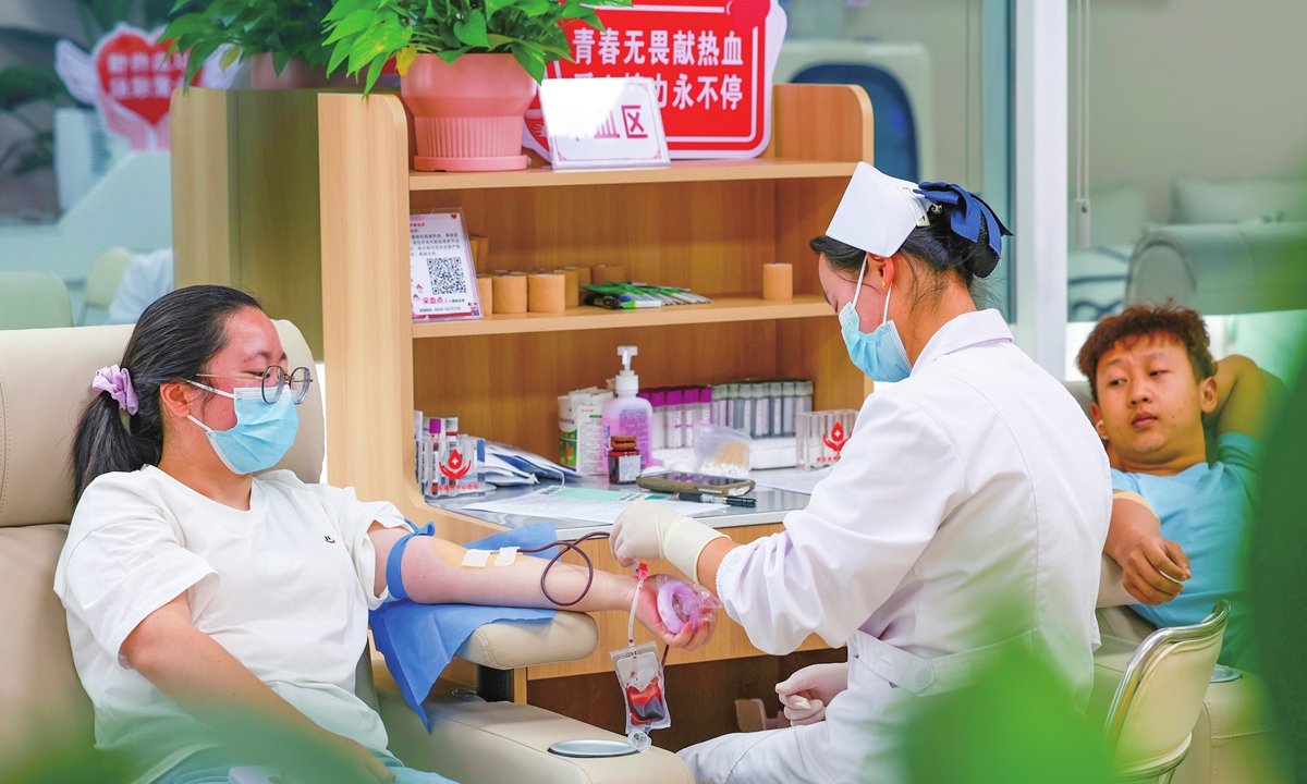 A resident donated blood voluntarily on June 11, 2026, at a love blood donation house in Sansui County, Southwest China's Guizhou Province, in anticipation of World Blood Donor Day on June 14. Photo: VCG