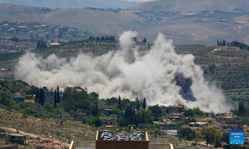 Photo taken on June 10, 2026 shows the moment an Israeli airstrike hit a building in Sarba, south Lebanon. Israeli attacks on southern Lebanon killed at least 18 people and injured several others on Wednesday, according to Lebanon's National News Agency, civil defense and health authorities. (Photo: Xinhua)