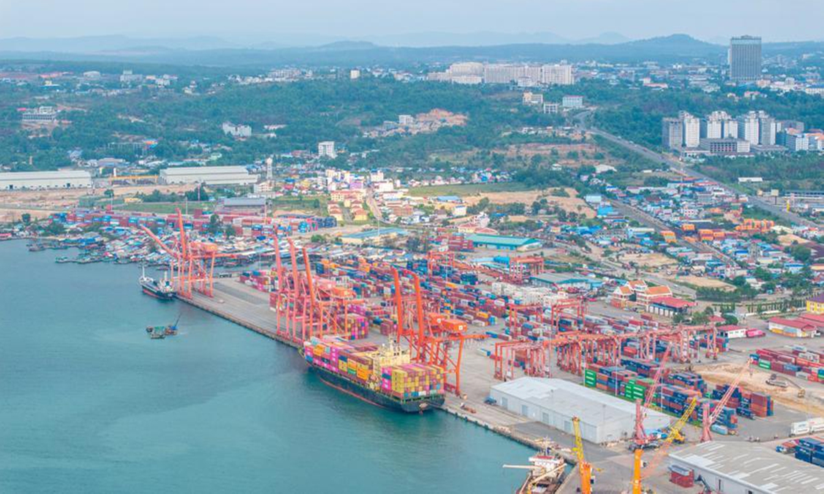 An aerial drone photo taken on March 16, 2025 shows a view of Sihanoukville Port in Cambodia. Photo: Xinhua