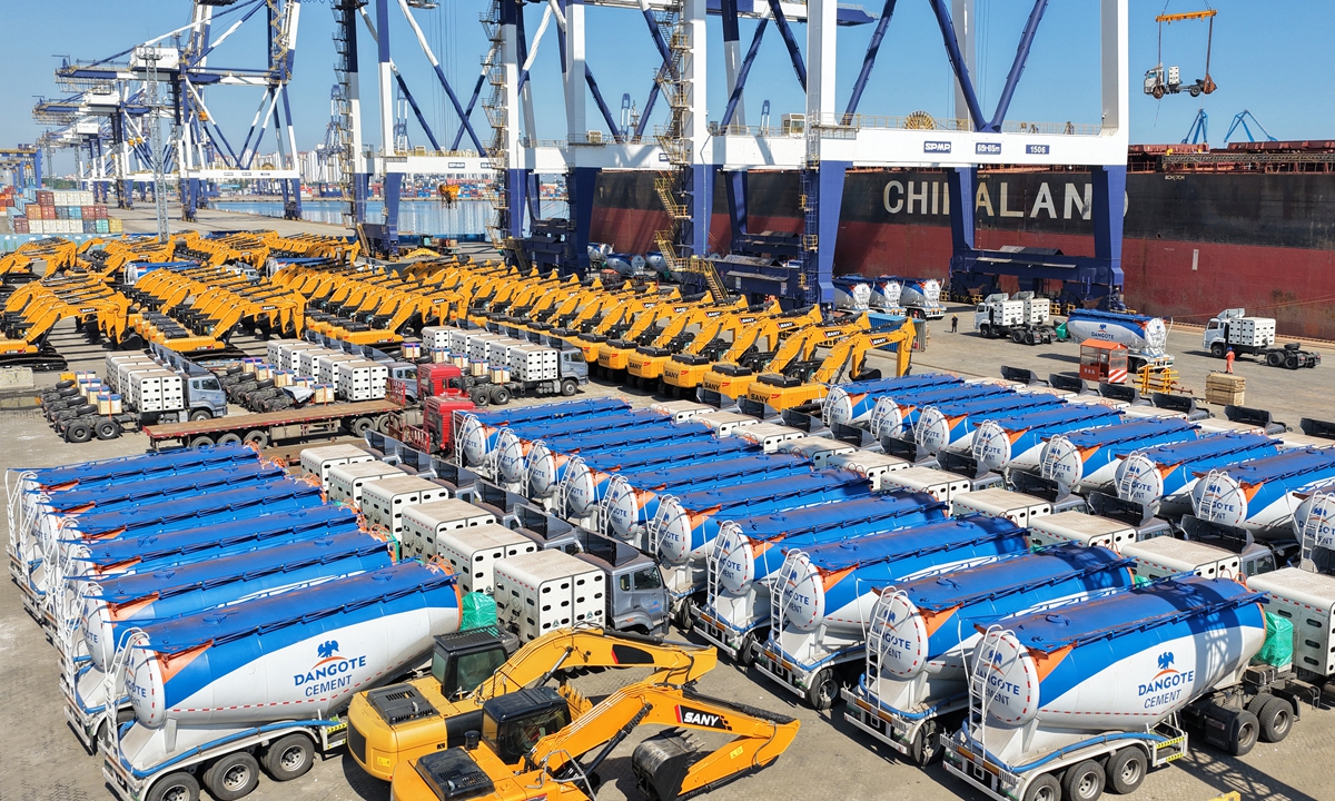 Domestically produced trucks and engineering equipment wait to be exported to Africa at the Port of Yantai, East China's Shandong Province on June 11, 2026. From January to May, imports and exports to Belt and Road markets increased by 13.6 percent year-on-year, customs data showed, accounting for more than 51 percent of total trade, and trade with Africa maintained double-digit growth. Photo: VCG