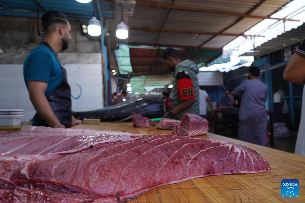 This photo taken on June 1, 2026 shows tuna meat at a fish market in Tripoli, Libya. (Photo: Xinhua)