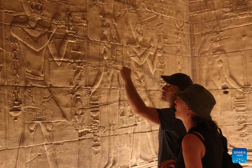 Tourists visit the Philae Temple complex in Aswan, Egypt, June 10, 2026. Egypt's tourism revenues rose 14.9 percent year-on-year to 14.4 billion U.S. dollars during the first nine months of the 2025/26 fiscal year, according to a government statement issued on Wednesday. (Photo: Xinhua)