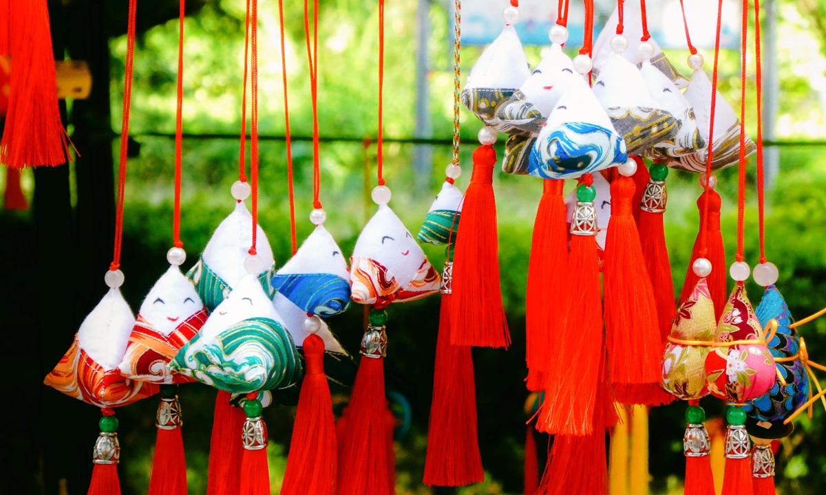 Colorful sachets in the shape of zongzi, a traditional Chinese food for the Dragon Boat Festival, are displayed at a traditional sachet exhibition in Tianshui, Northwest China's Gansu Province, on June 10, 2026, as the festival approaches. Photo: VCG
