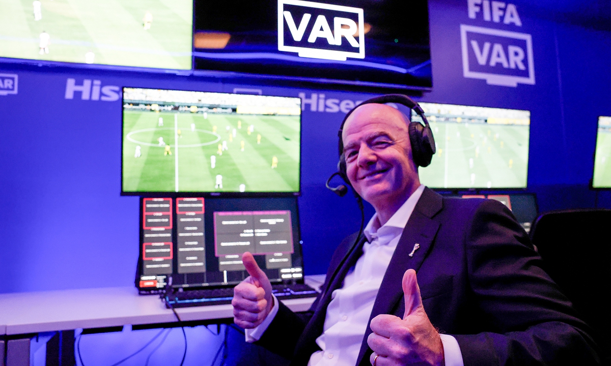 FIFA President Gianni Infantino is seen during the grand opening of 2026 FIFA World Cup International Broadcast Centre on June 1, 2026. Behind him are display devices made by China's electrical appliance giant Hisense. Photo: VCG
