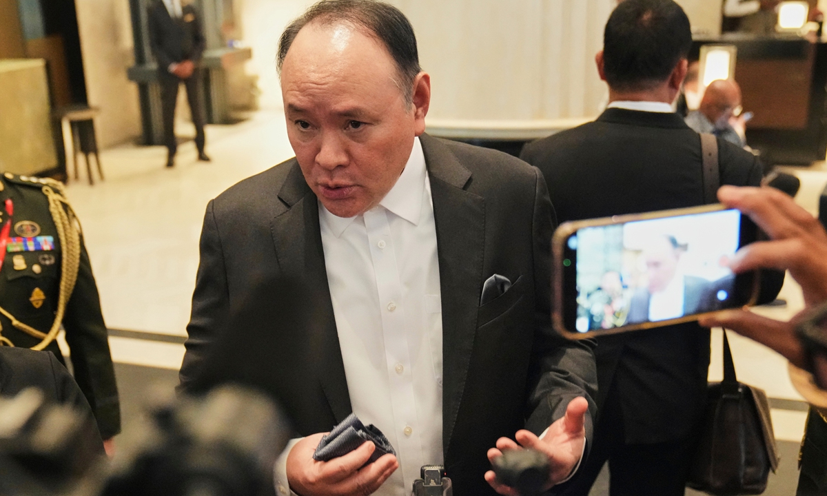 Philippine's Defense Secretary Gilberto Teodoro talks to the media as he attends the Shangri-La Dialogue, Asia's annual defense and security forum, in Singapore on May 29, 2026.  Photo： VCG