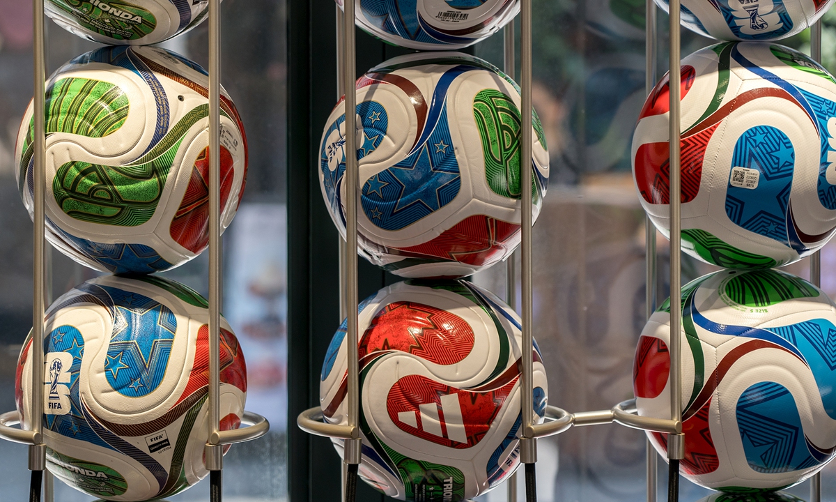 Trionda, the 2026 FIFA World Cup official match ball, are on display at a World Cup-themed pop-up venue in Shenzhen, South China's Guangdong Province on June 6, 2026. Photo: VCG