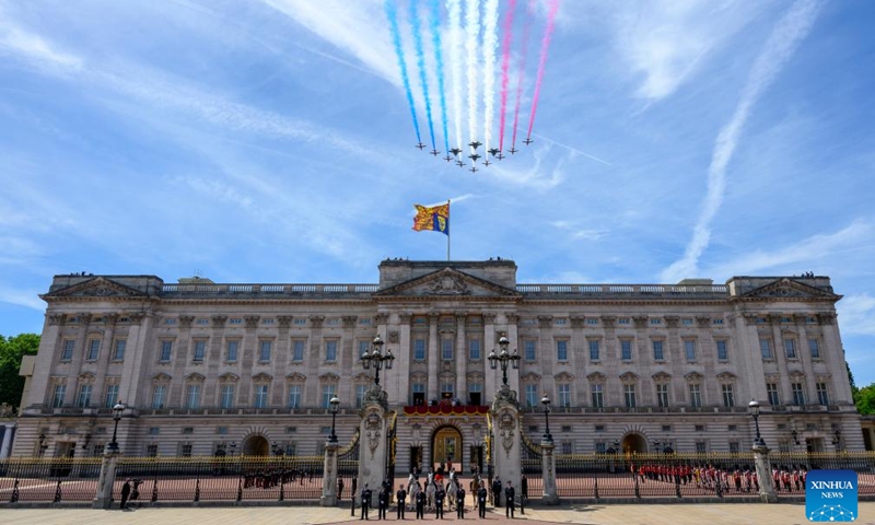 A flypast is seen during the Trooping the Colour parade to honour Britain's King Charles III on his official birthday in London, Britain, on June 13, 2026. (Photo by Ray Tang/Xinhua)