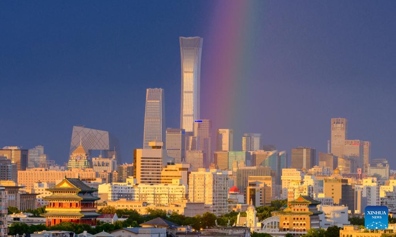 This photo taken on June 13, 2026 shows a rainbow in the sky over Beijing, capital of China. (Photo by Wang Junfeng/Xinhua)