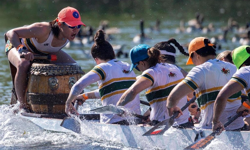 Participants compete on Lake Ontario at the 2026 Toronto International Dragon Boat Race Festival in Toronto, Canada, on June 13, 2026. The annual two-day event kicked off here on Saturday, attracting hundreds of teams worldwide. (Photo by Zou Zheng/Xinhua)