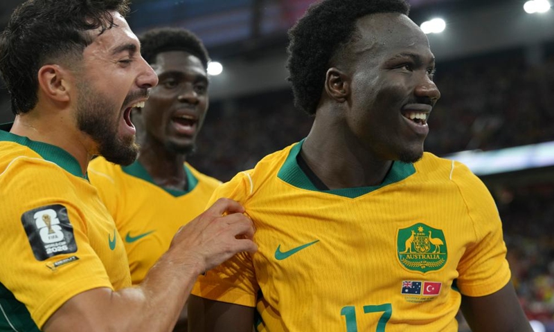 Nestory Irankunda (R) of Australia celebrates his score during the group D match between Australia and Türkiye at the 2026 FIFA World Cup at BC Place Vancouver in Vancouver, Canada, June 13, 2026. (Xinhua/Meng Yongmin)