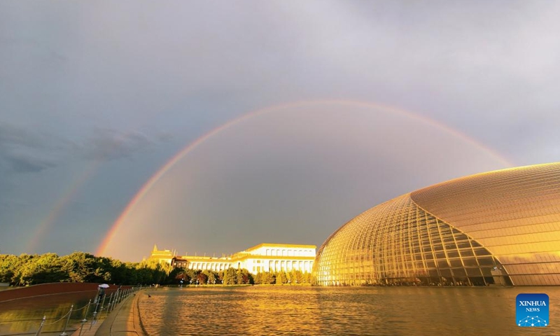This photo taken on June 13, 2026 shows a rainbow in the sky over Beijing, capital of China. (Photo by Wang Junfeng/Xinhua)