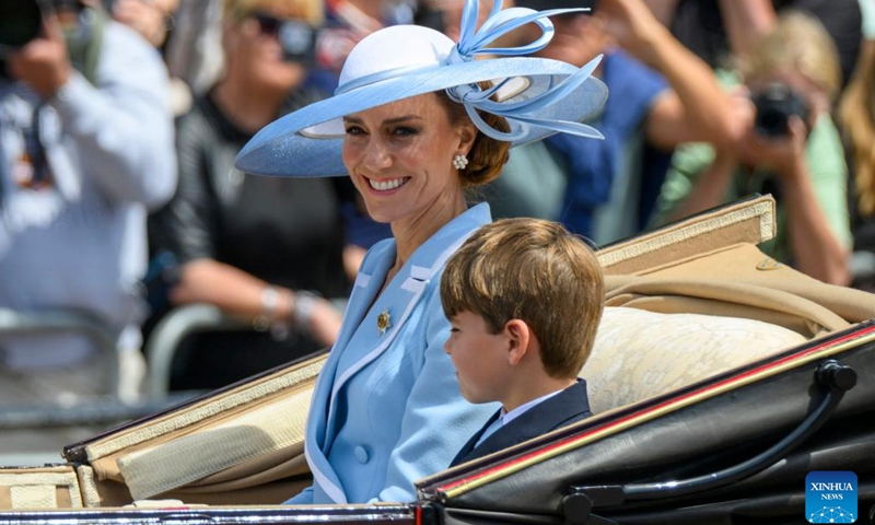 Britain's Catherine, Princess of Wales, rides a royal carriage with Prince Louis during the Trooping the Colour parade to honour Britain's King Charles III on his official birthday in London, Britain, on June 13, 2026. (Photo by Ray Tang/Xinhua)