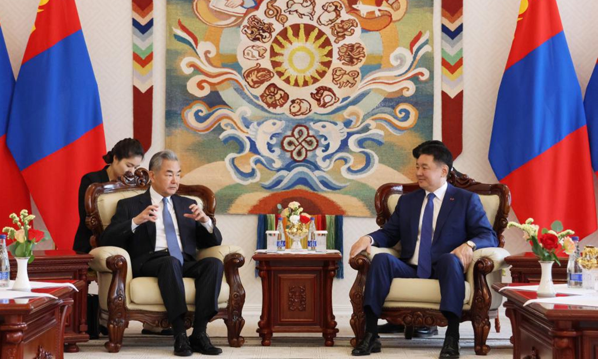 Mongolian President Ukhnaa Khurelsukh meets with Wang Yi, a member of the Political Bureau of the Communist Party of China Central Committee and Chinese foreign minister, in Ulan Bator, Mongolia, June 13, 2026. Photo: Xinhua
