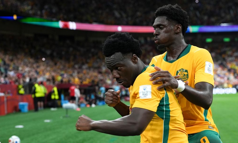 Nestory Irankunda (L) of Australia celebrates his score during the group D match between Australia and Türkiye at the 2026 FIFA World Cup at BC Place Vancouver in Vancouver, Canada, June 13, 2026. (Xinhua/Meng Yongmin)