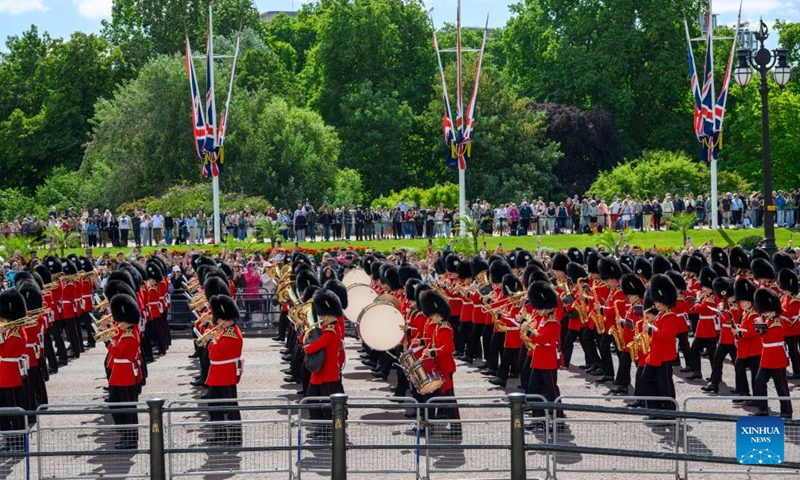 Members of the Household Division march during the Trooping the Colour parade to honour Britain's King Charles III on his official birthday in London, Britain, on June 13, 2026. (Photo by Ray Tang/Xinhua)