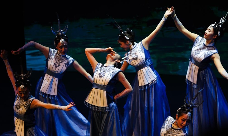 Artists from Guizhou Provincial Song and Dance Theatre perform during a cultural exchange event in Santiago, Chile, June 12, 2026. A cultural exchange event was held in Santiago on Friday to celebrate the International Day for Dialogue among Civilizations and mark the inauguration of the China Cultural Center in Santiago. (Xinhua/Zhou Jiayi)