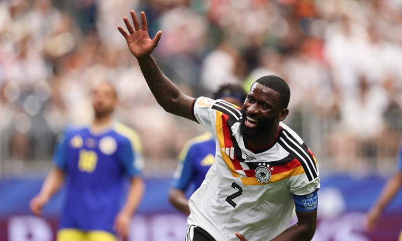 Antonio Rudiger of Germany celebrates during the group E match between Germany and Curacao at the 2026 FIFA World Cup at Houston Stadium in Houston, the United States, June 14, 2026. (Xinhua/Li Ming)