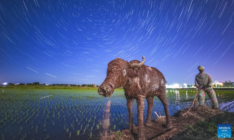 This stack composite photo taken on May 29, 2026 shows paddy fields under starry sky in Zhaodong City, northeast China's Heilongjiang Province. (Photo by Liu Dapeng/Xinhua)