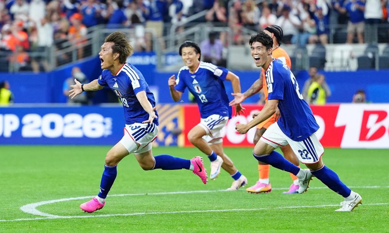 Ogawa Koki (1st L) of Japan celebrates during the group F match between the Netherlands and Japan at the 2026 FIFA World Cup at the Dallas Stadium in Dallas, the United States, on June 14, 2026. (Xinhua/Jia Haocheng)