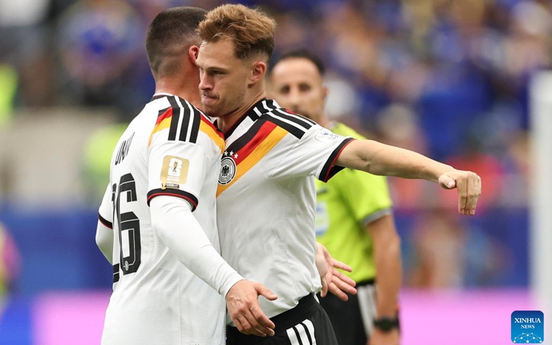 Deniz Undav (L) and Joshua Kimmich of Germany celebrate during the group E match between Germany and Curacao at the 2026 FIFA World Cup at Houston Stadium in Houston, the United States, June 14, 2026. (Xinhua/Li Ming)

