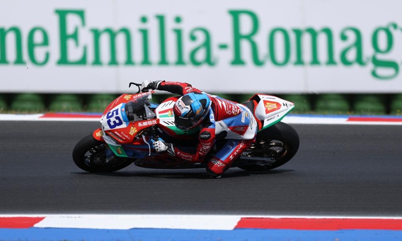 Valentin Debise of EASTROC ZXMOTO Evan Bros Factory competes during the race 2 of WorldSSP at the FIM Supersport World Championship Emilia Romagna Round in Misano Adriatico, Italy, June 14, 2026. (Xinhua/Li Jing)