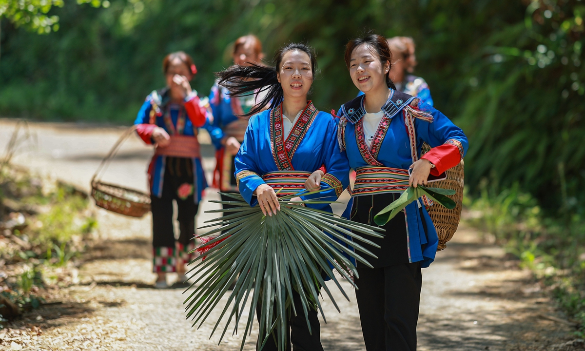 Local ethnic Yao villagers head home after harvesting zongzi leaves in a village in Guilin, South China's Guangxi Zhuang Autonomous Region, on June 16, 2026. Zongzi, or the sticky rice dumpling, is a traditional snack that Chinese people eat on the day of the Dragon Boat Festival, which falls on June 19 this year. Photo: VCG