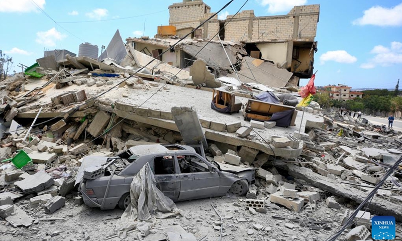 This photo taken on June 15, 2026 shows destroyed buildings in Deir Qanoun En Nahr, south Lebanon. Lebanon's Public Health Emergency Operations Center said the cumulative toll from Israeli attacks since March 2, 2024, has reached 3,798 killed and 11,781 wounded as of June 15, 2026. (Photo: Xinhua)
