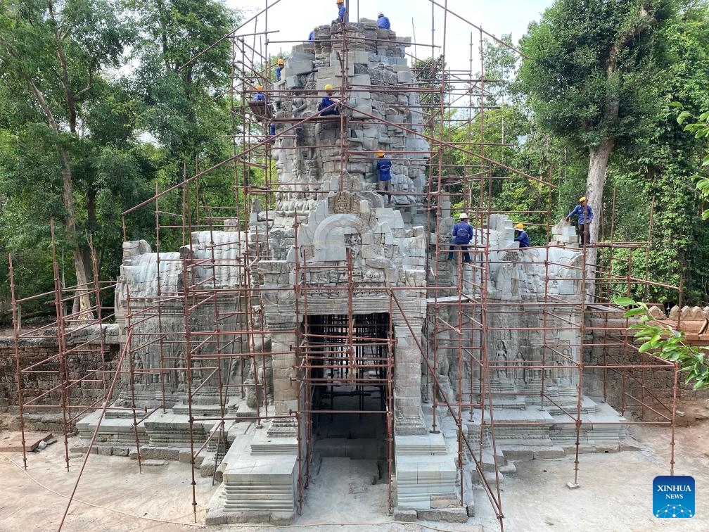 The South Gate of the Ta Prohm temple undergoes restoration in Siem Reap province, Cambodia, May 26, 2026. The restoration of the South Gate of the centuries-old Ta Prohm temple in the Angkor Archaeological Park in northwest Cambodia is expected to be completed by the end of 2026, said an APSARA National Authority (ANA) news release on Monday. (Photo: Xinhua)