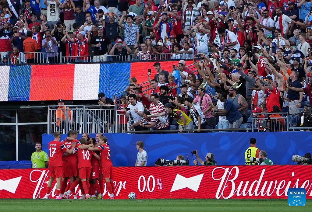 Players of Norway celebrate scoring during the group I match between Norway and Iraq at the FIFA World Cup 2026 at Boston Stadium in Boston, the United States, June 16, 2026. (Xinhua/Huang Zongzhi)