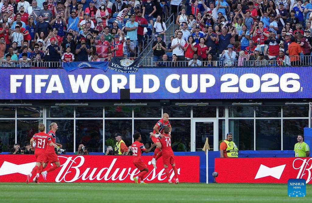 Players of Norway celebrate scoring during the group I match between Norway and Iraq at the FIFA World Cup 2026 at Boston Stadium in Boston, the United States, June 16, 2026. (Xinhua/Huang Zongzhi)