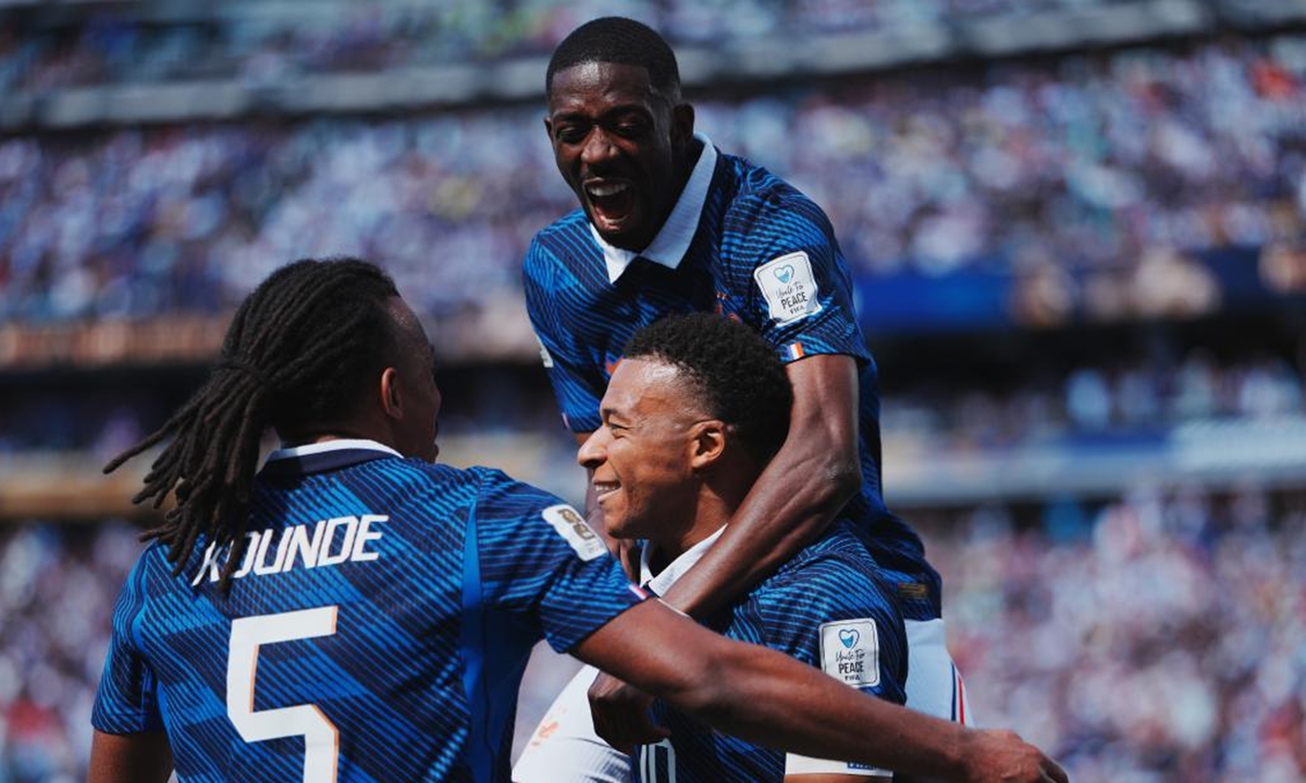 Kylian Mbappe (C) of France celebrates his score during the group I match between France and Senegal at the 2026 FIFA World Cup at New York New Jersey Stadium in New York, the United States, June 16, 2026. (Xinhua/Xu Chang)