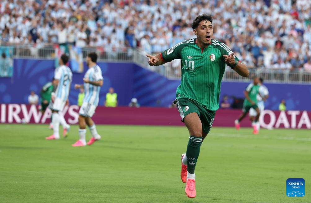 Fares Chaibi of Algeria reacts after scoring a goal that was later disallowed during the group J match between Argentina and Algeria at the FIFA World Cup 2026 at Kansas City Stadium in Kansas City, the United States, June 16, 2026. (Xinhua/Li Ming)