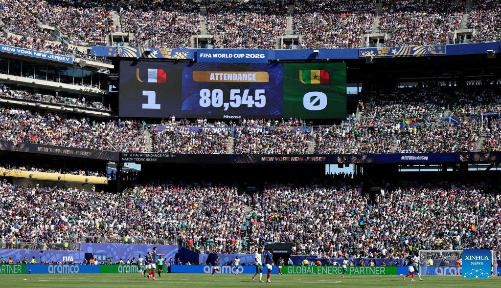 The number of total attendance is displayed on the screen during the group I match between France and Senegal at the 2026 FIFA World Cup at New York New Jersey Stadium in New York, the United States, June 16, 2026. (Xinhua/Cao Can)