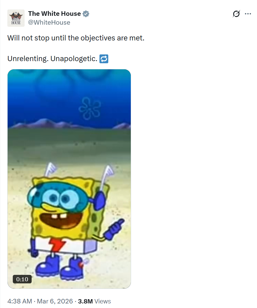 A video released on X by the White House on March 6, showing a US strike on Iranian targets, was followed by a scene featuring the cartoon character SpongeBob SquarePants asking: 